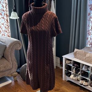 525 America Chocolate Cable Knit Turtleneck Dress